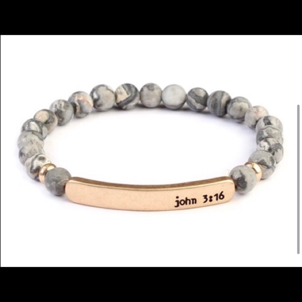 LAST ONE: JOHN 3:16 6mm natural stone bead stretch faith bracelet - Picture 2 of 2